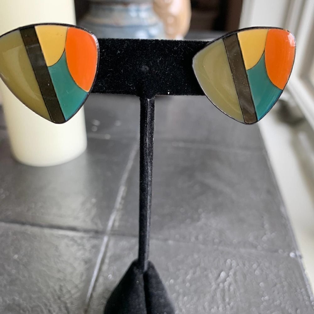 Pierced Multicolor Geometric Pattern Earrings, In… - image 1